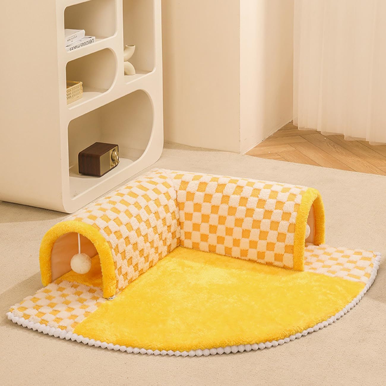 2 In 1 Cat Bed Tunnel Cute Fan Shaped Pet Bed Funny Plush Plaid