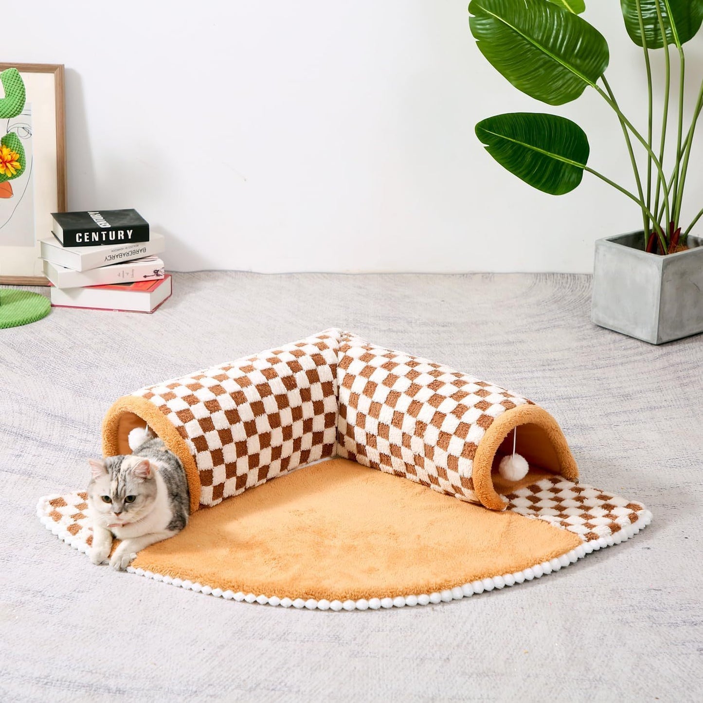 2 In 1 Cat Bed Tunnel Cute Fan Shaped Pet Bed Funny Plush Plaid