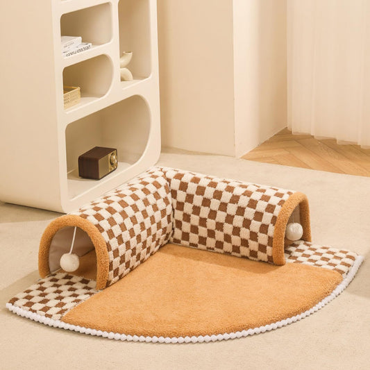 2 In 1 Cat Bed Tunnel Cute Fan Shaped Pet Bed Funny Plush Plaid